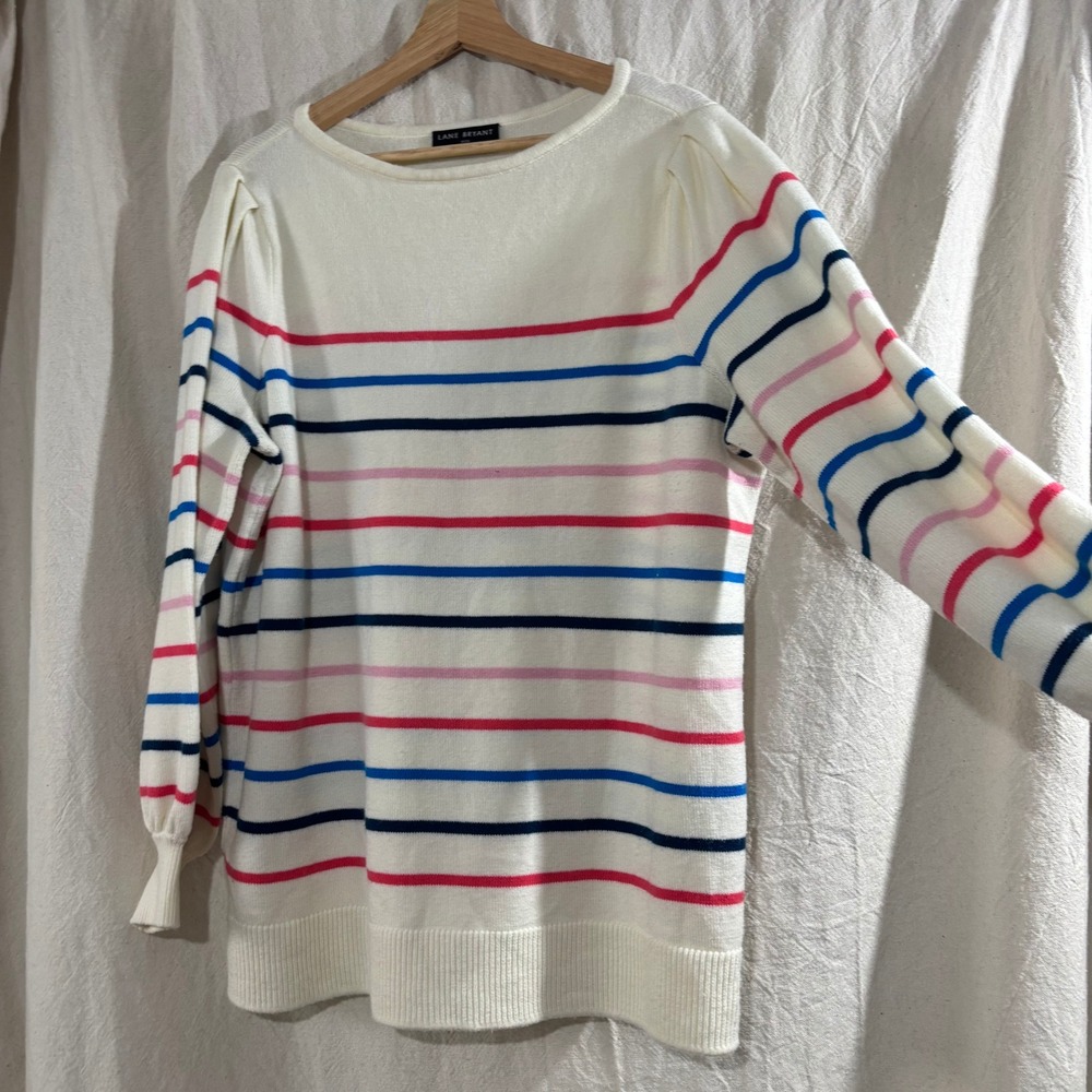 Lane Bryant Striped‎ Long Sleeve Sweater Ivory Red Blue Pink Boat Neck 18/20
